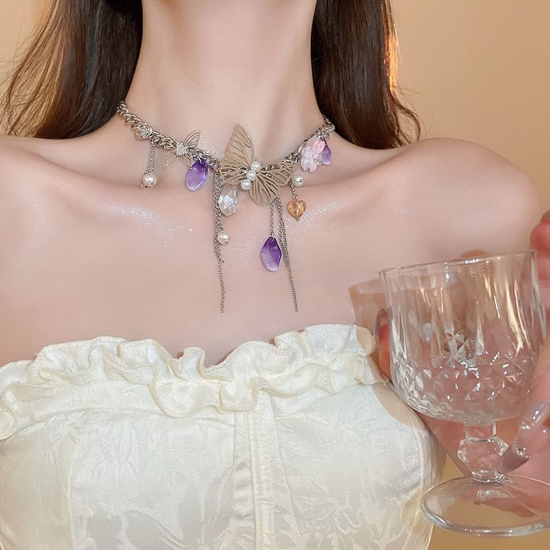 Butterfly Necklace / Fringed Earring