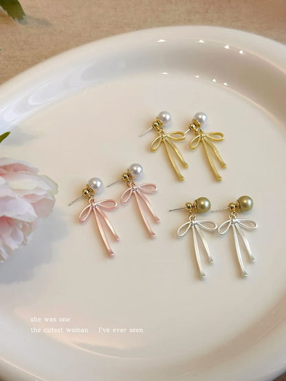 Bow Faux Pearl Alloy Drop Earring