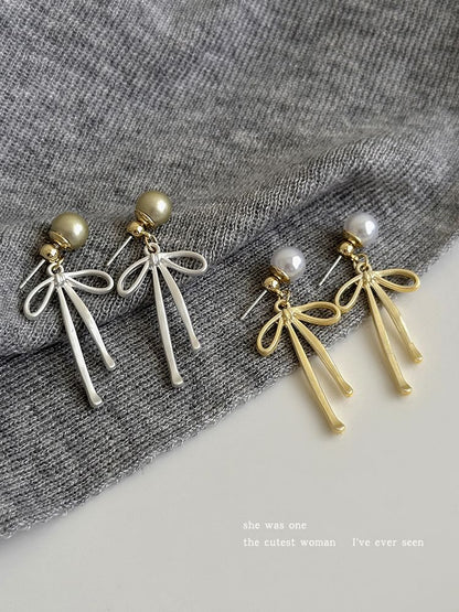Bow Faux Pearl Alloy Drop Earring