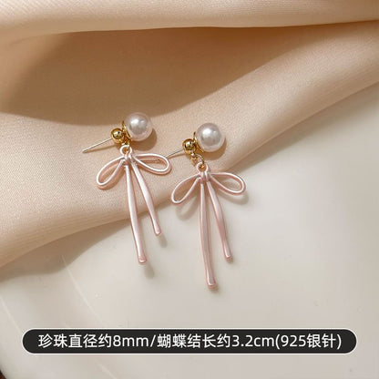 Bow Faux Pearl Alloy Drop Earring