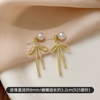 Bow Faux Pearl Alloy Drop Earring