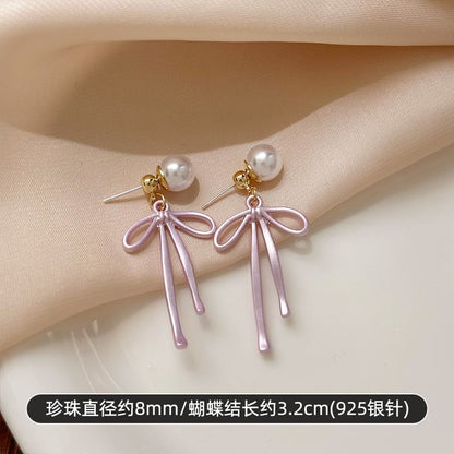 Bow Faux Pearl Alloy Drop Earring
