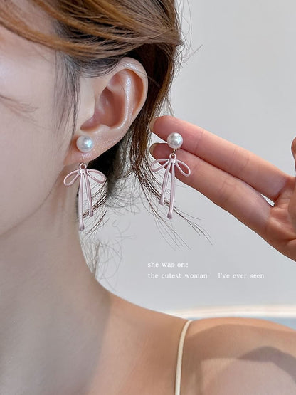 Bow Faux Pearl Alloy Drop Earring