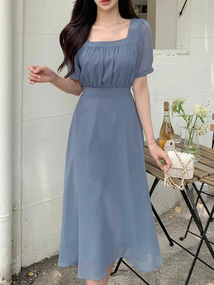 Short-Sleeve Square Neck Plain Midi A-Line Dress