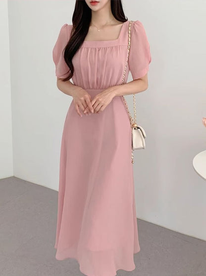Short-Sleeve Square Neck Plain Midi A-Line Dress