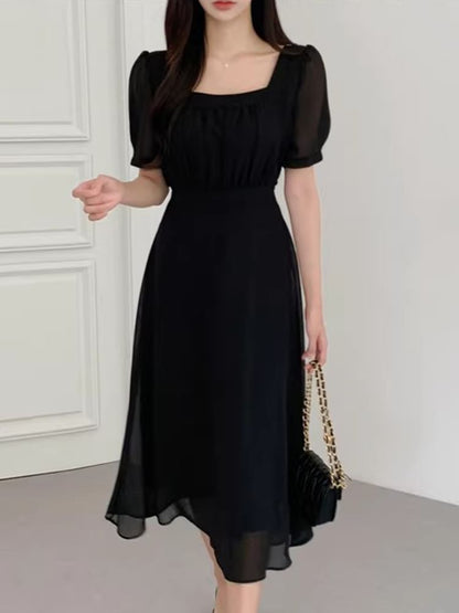 Short-Sleeve Square Neck Plain Midi A-Line Dress