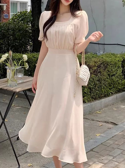 Short-Sleeve Square Neck Plain Midi A-Line Dress