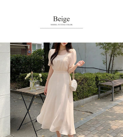 Short-Sleeve Square Neck Plain Midi A-Line Dress