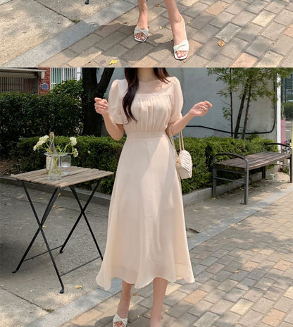 Short-Sleeve Square Neck Plain Midi A-Line Dress