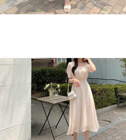 Short-Sleeve Square Neck Plain Midi A-Line Dress