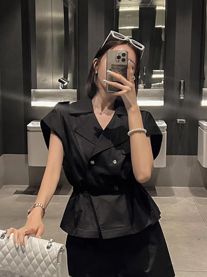 Short-Sleeve Notch Lapel Plain Peplum Double-Breasted Jacket