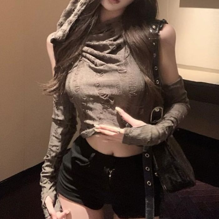 Set: Cowl Neck Plain Distressed Hooded Slim Fit Crop Tank Top + Long Gloves