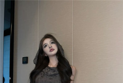 Set: Cowl Neck Plain Distressed Hooded Slim Fit Crop Tank Top + Long Gloves