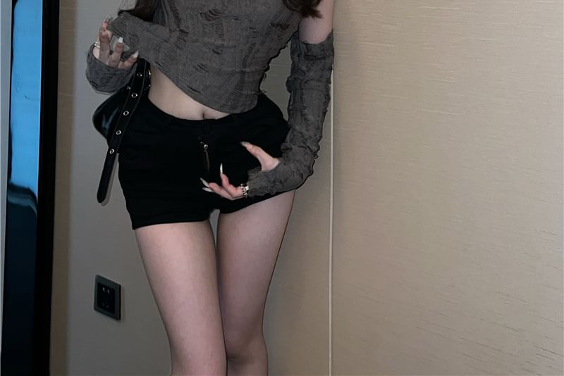 Set: Cowl Neck Plain Distressed Hooded Slim Fit Crop Tank Top + Long Gloves