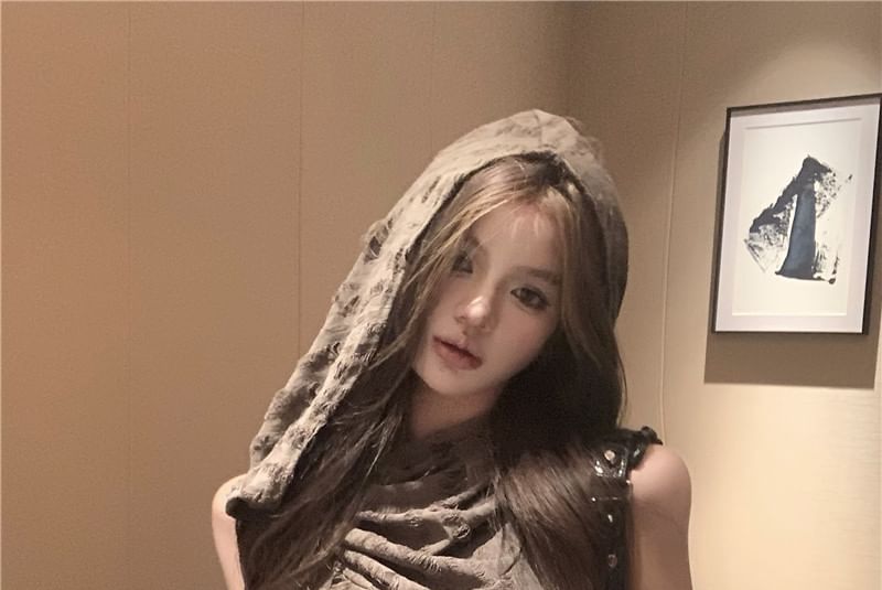 Set: Cowl Neck Plain Distressed Hooded Slim Fit Crop Tank Top + Long Gloves