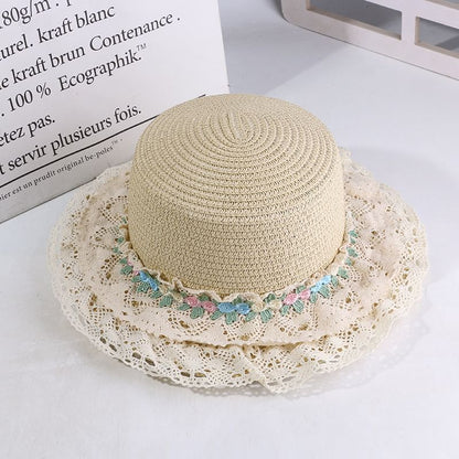 Flower Embroidered Lace Trim Boater Hat
