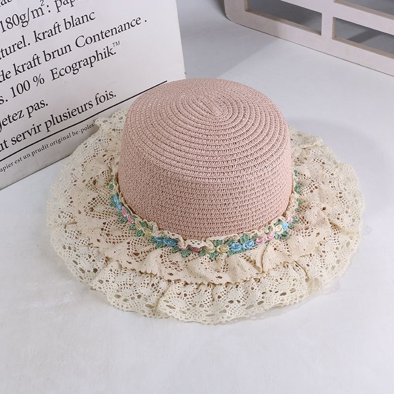 Flower Embroidered Lace Trim Boater Hat