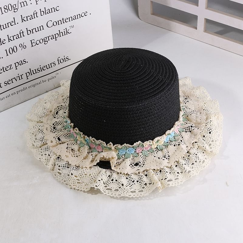 Flower Embroidered Lace Trim Boater Hat