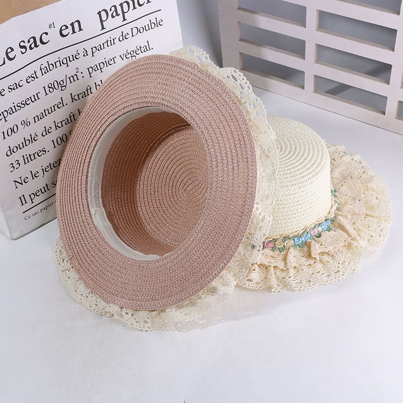 Flower Embroidered Lace Trim Boater Hat