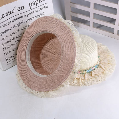 Flower Embroidered Lace Trim Boater Hat