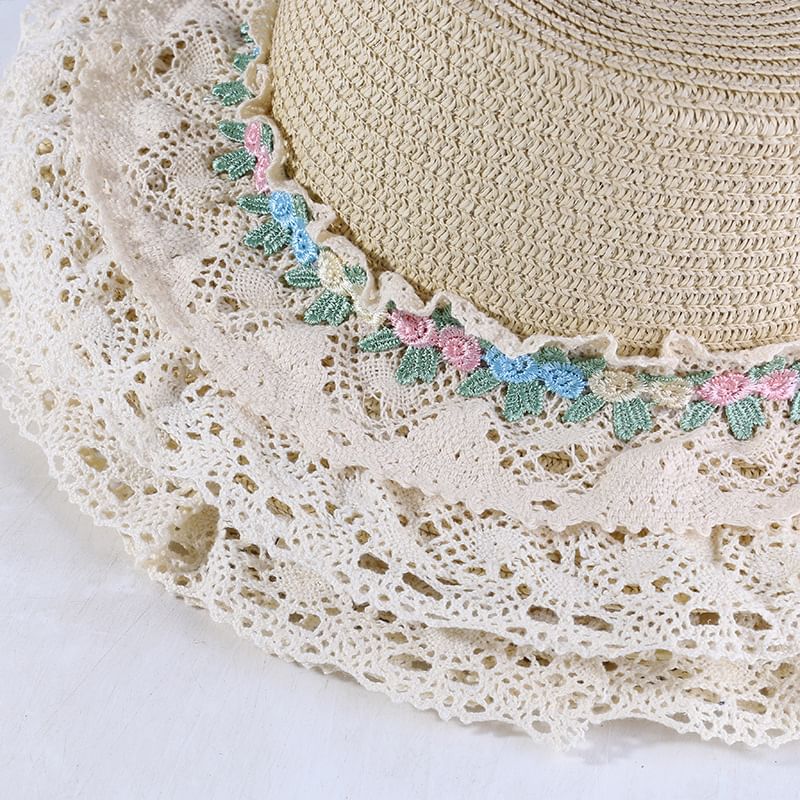 Flower Embroidered Lace Trim Boater Hat