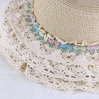 Flower Embroidered Lace Trim Boater Hat