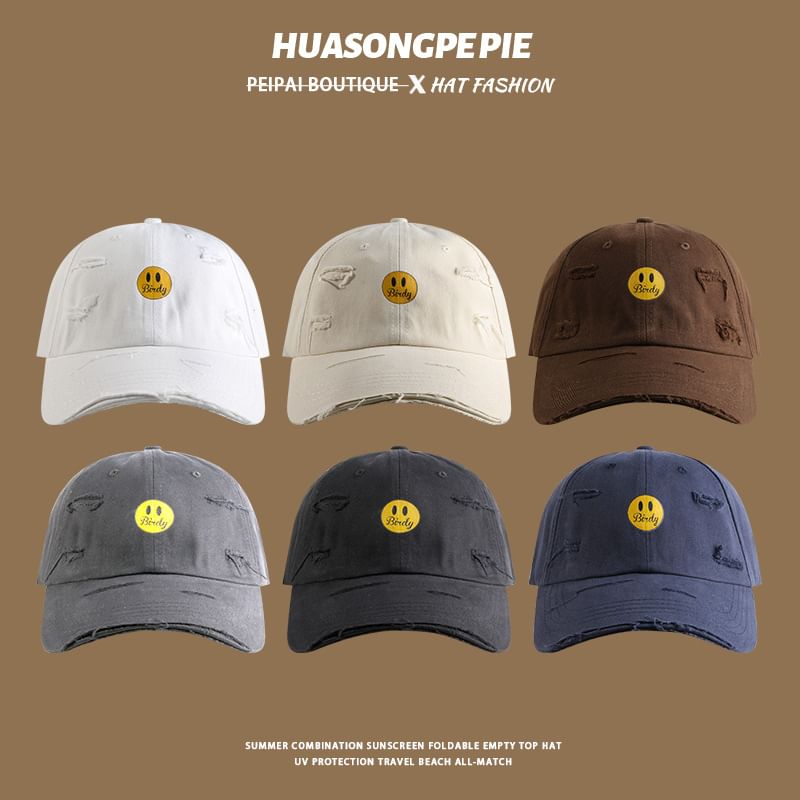 Face Baseball Distressed Cap Print Smiley