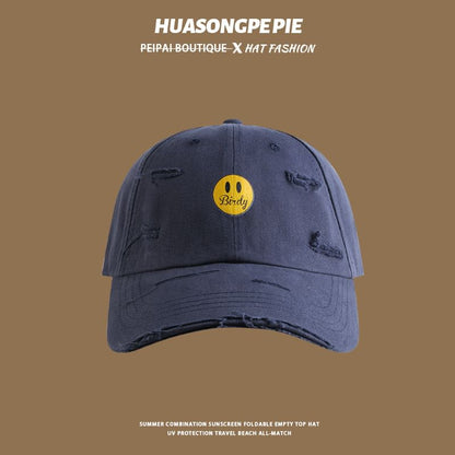 Face Baseball Distressed Cap Print Smiley
