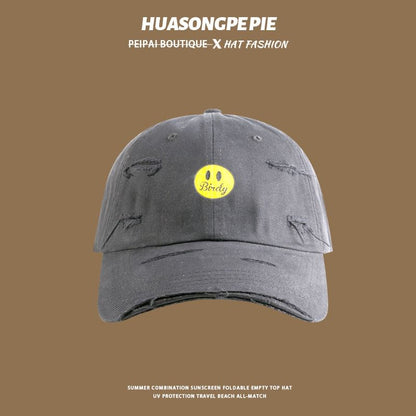 Face Baseball Distressed Cap Print Smiley