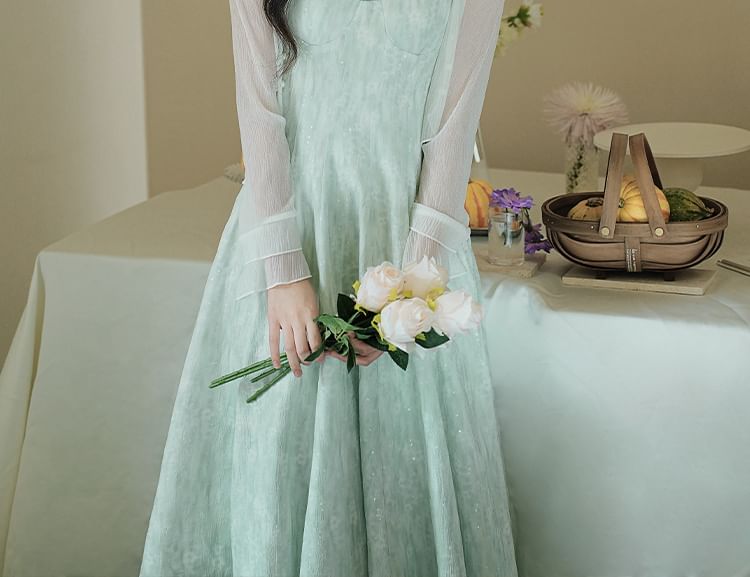 Plain Light Jacket / Spaghetti Strap Patterned Midi A-Line Dress / Set