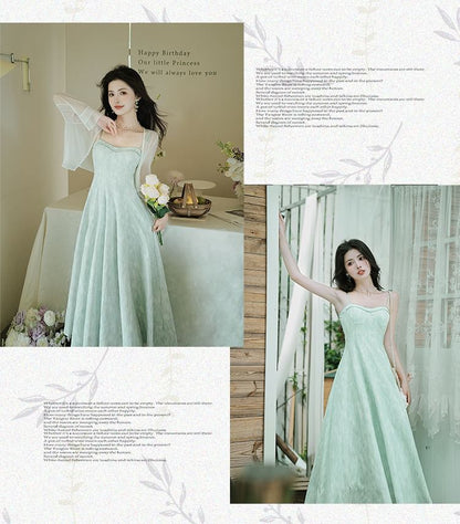 Plain Light Jacket / Spaghetti Strap Patterned Midi A-Line Dress / Set