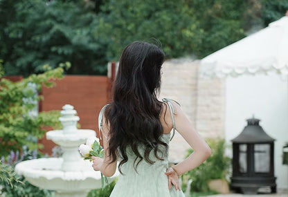 Plain Light Jacket / Spaghetti Strap Patterned Midi A-Line Dress / Set