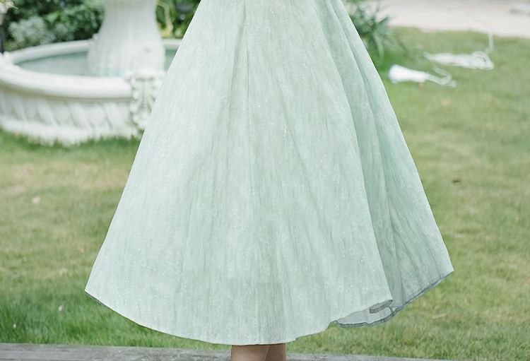 Plain Light Jacket / Spaghetti Strap Patterned Midi A-Line Dress / Set