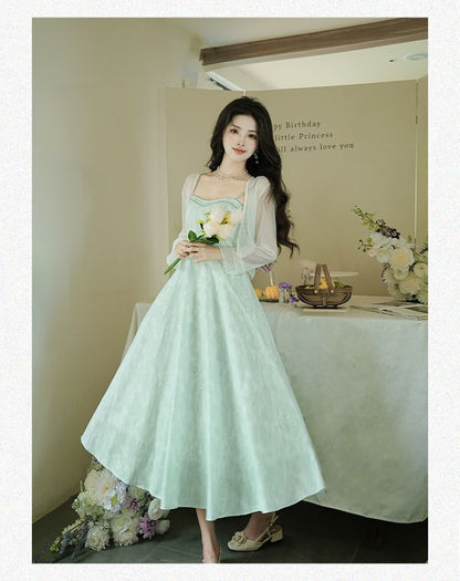 Plain Light Jacket / Spaghetti Strap Patterned Midi A-Line Dress / Set