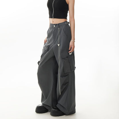 Set: Mid Waist Plain Baggy Cargo Pants + Waist Chain