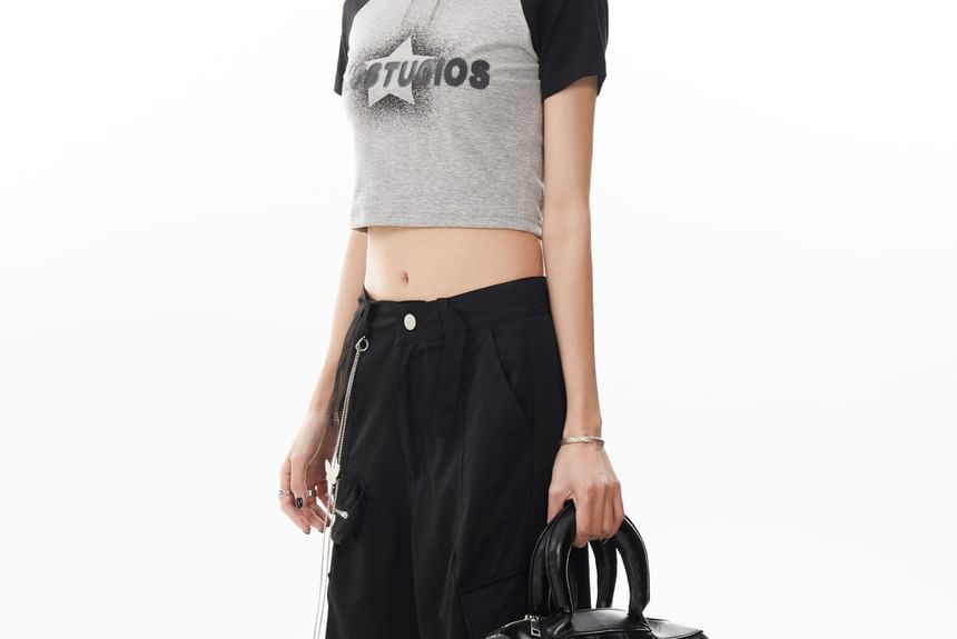 Set: Mid Waist Plain Baggy Cargo Pants + Waist Chain
