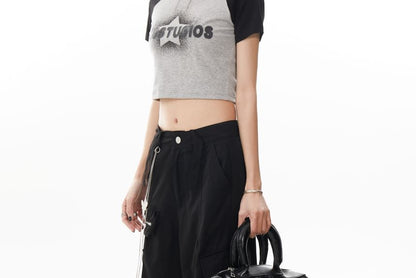 Set: Mid Waist Plain Baggy Cargo Pants + Waist Chain