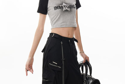 Set: Mid Waist Plain Baggy Cargo Pants + Waist Chain