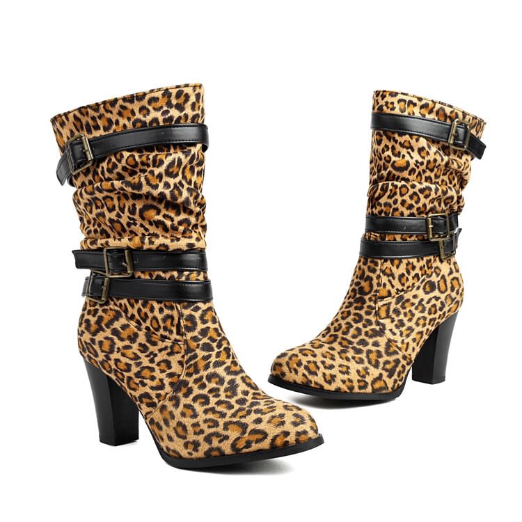 Buckled Chunky Heel Mid-Calf Boots