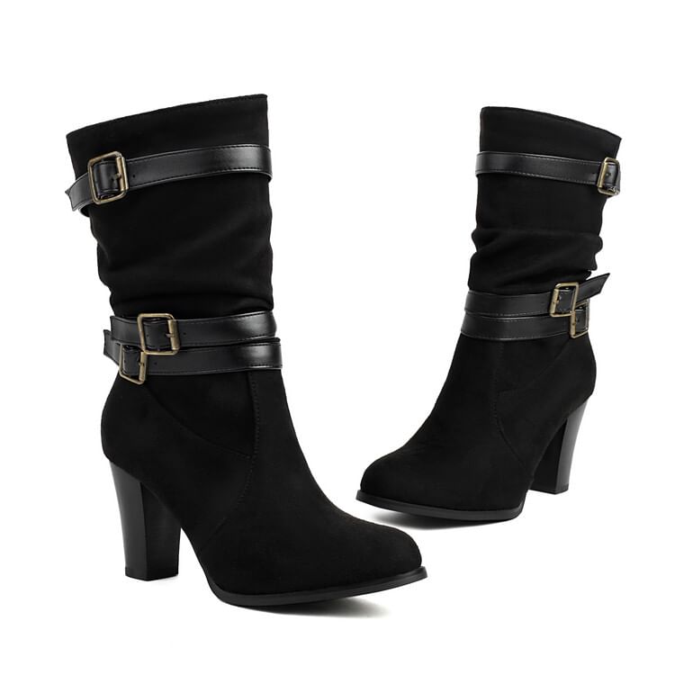 Buckled Chunky Heel Mid-Calf Boots