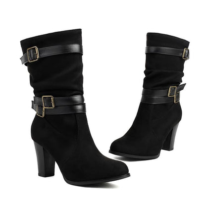 Buckled Chunky Heel Mid-Calf Boots