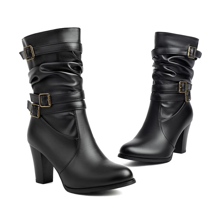 Buckled Chunky Heel Mid-Calf Boots
