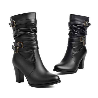Buckled Chunky Heel Mid-Calf Boots