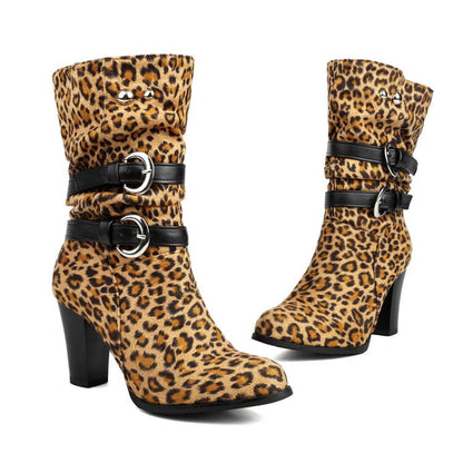 Buckled Chunky Heel Mid-Calf Boots