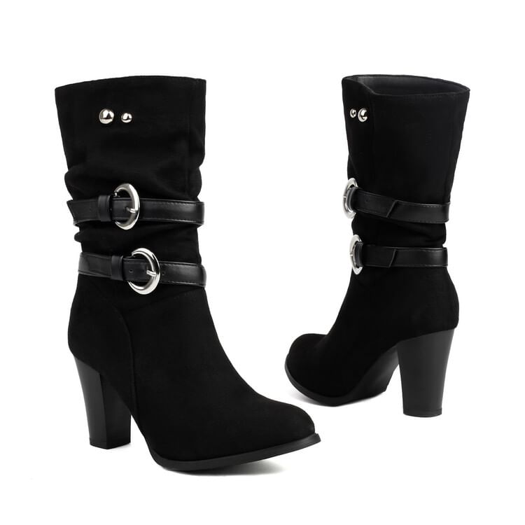 Buckled Chunky Heel Mid-Calf Boots