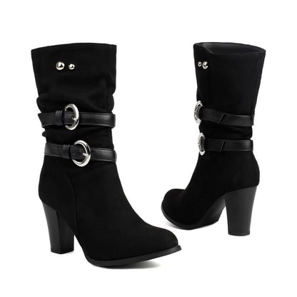 Buckled Chunky Heel Mid-Calf Boots
