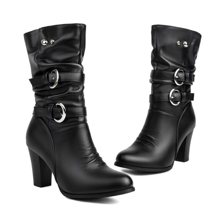 Buckled Chunky Heel Mid-Calf Boots