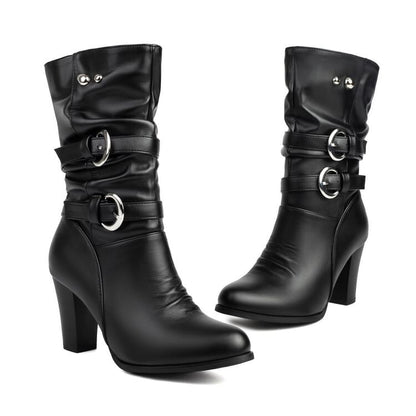 Buckled Chunky Heel Mid-Calf Boots