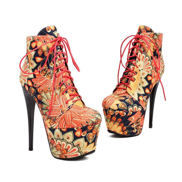Floral Lace-Up Platform Stiletto Heel Ankle Boots