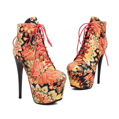 Floral Lace-Up Platform Stiletto Heel Ankle Boots